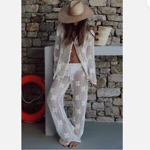 Zara Floral Crochet Shirt Long Sleeve Semi Sheer Ecru White S M L 3772/316 New